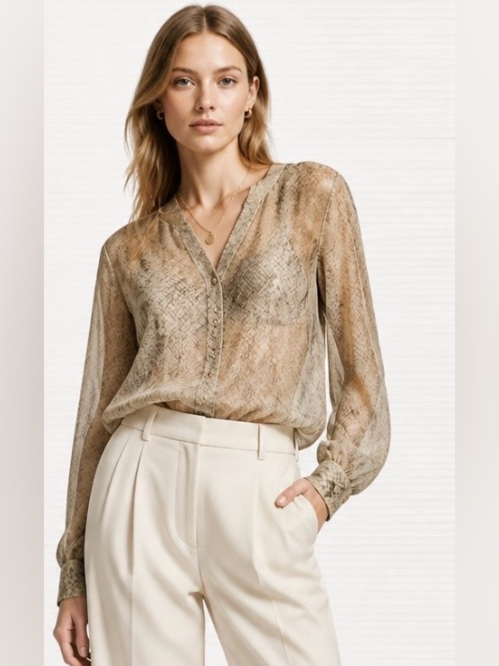 ECOTE Anthroplogie Blouse Animal Print Sheer Button Ling Sleeve Beige Gray M